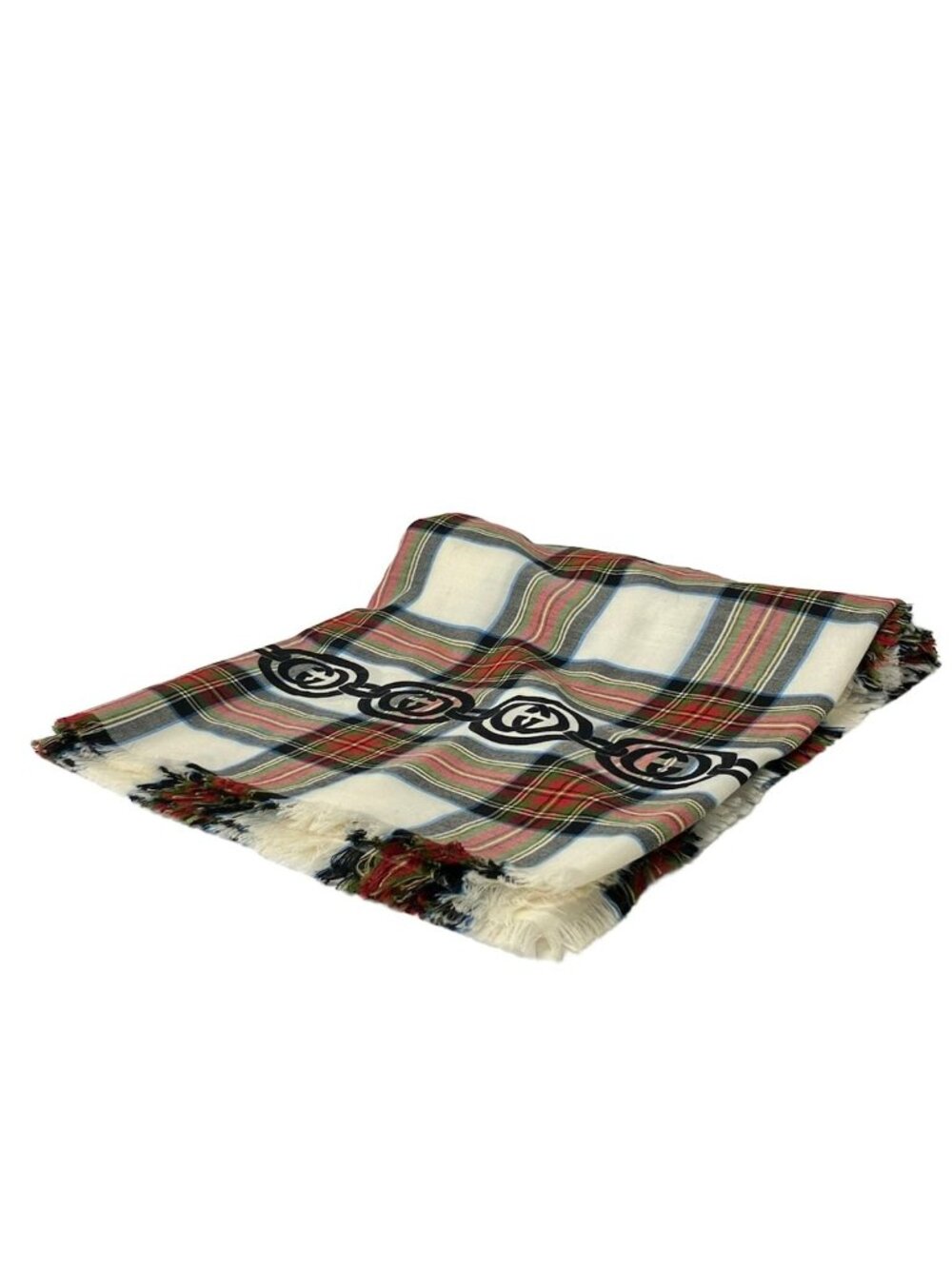 Gucci Shawl Red Ivory Black Plaid Wool Scarf